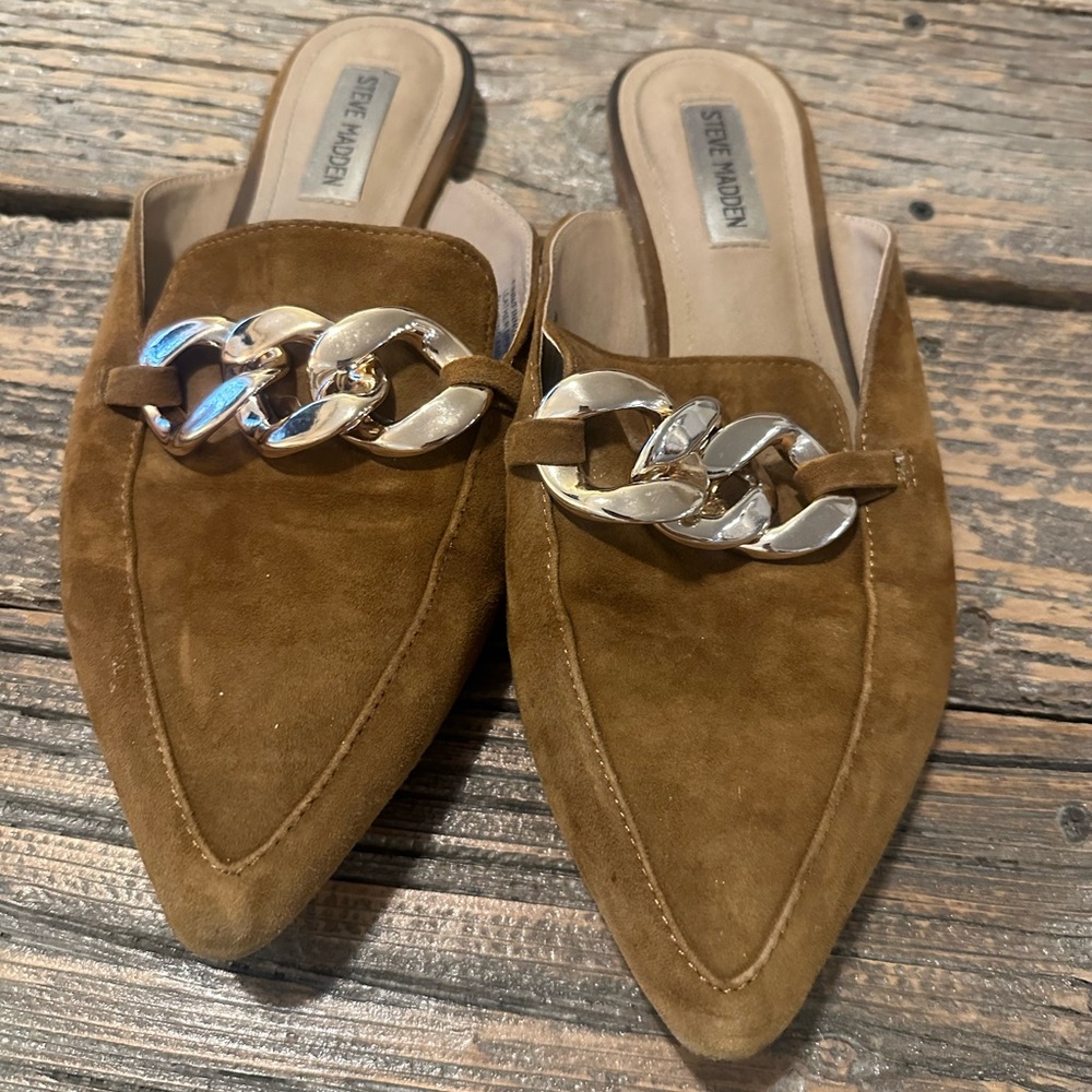 Steve Madden Brown Suede Mules with Gold Chain- Sz 10